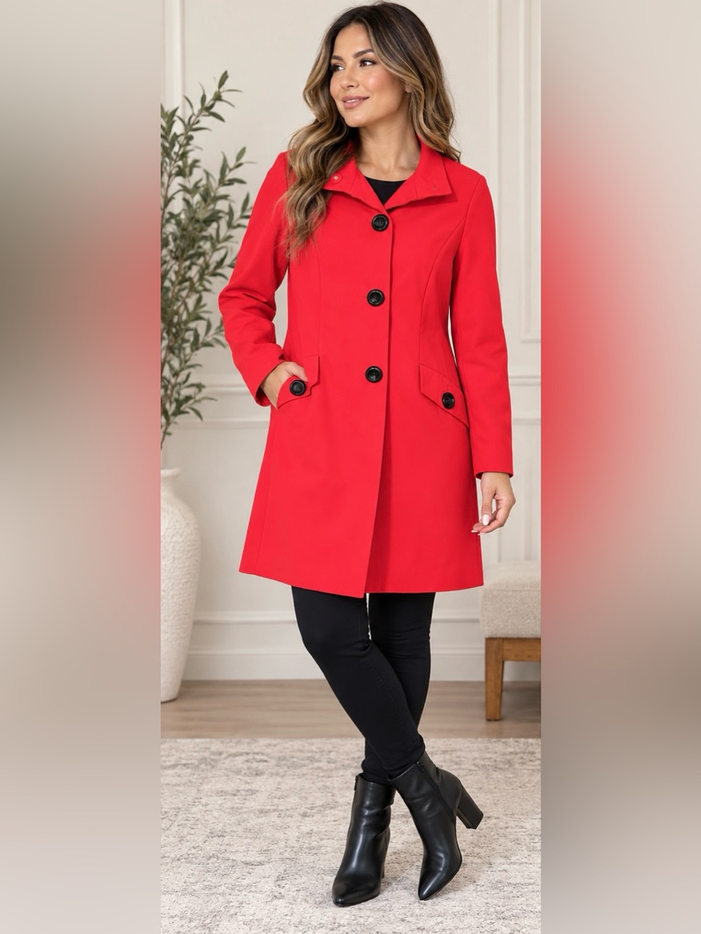 Anne Klein Vibrant Red Single-Breasted Trench Coat